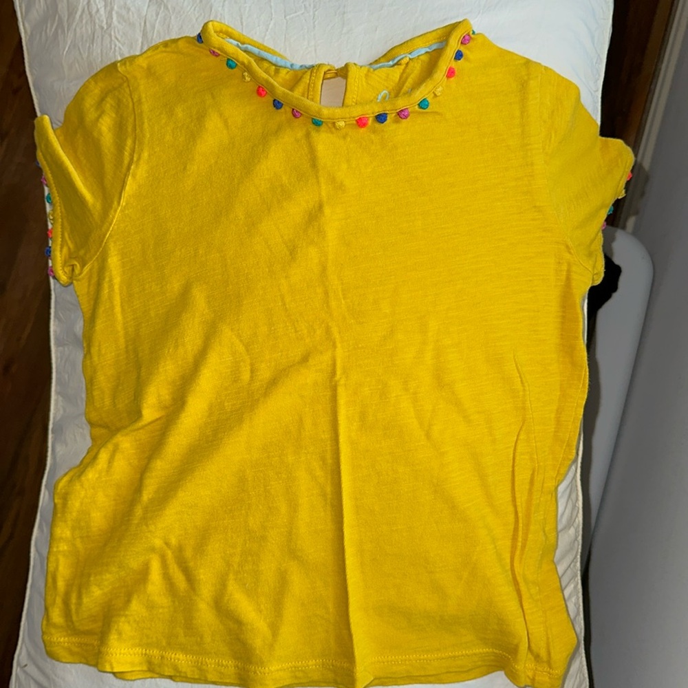 Boden Mini Me Charlie Jersey T-Shirt bright yellow Rainbow Pom Poms Sz 5-6 Y